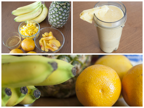 a yellow smoothie and its ingredients